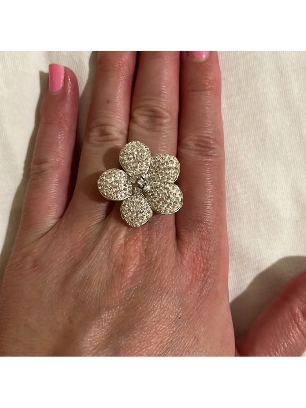 Silver-Tone Crystal Flower Statement Ring - Sparkling Floral Design